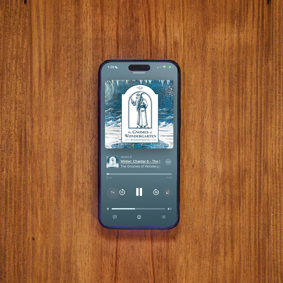 Phone displaying Apple Podcast The Gnomes of Wondergarten on wooden table